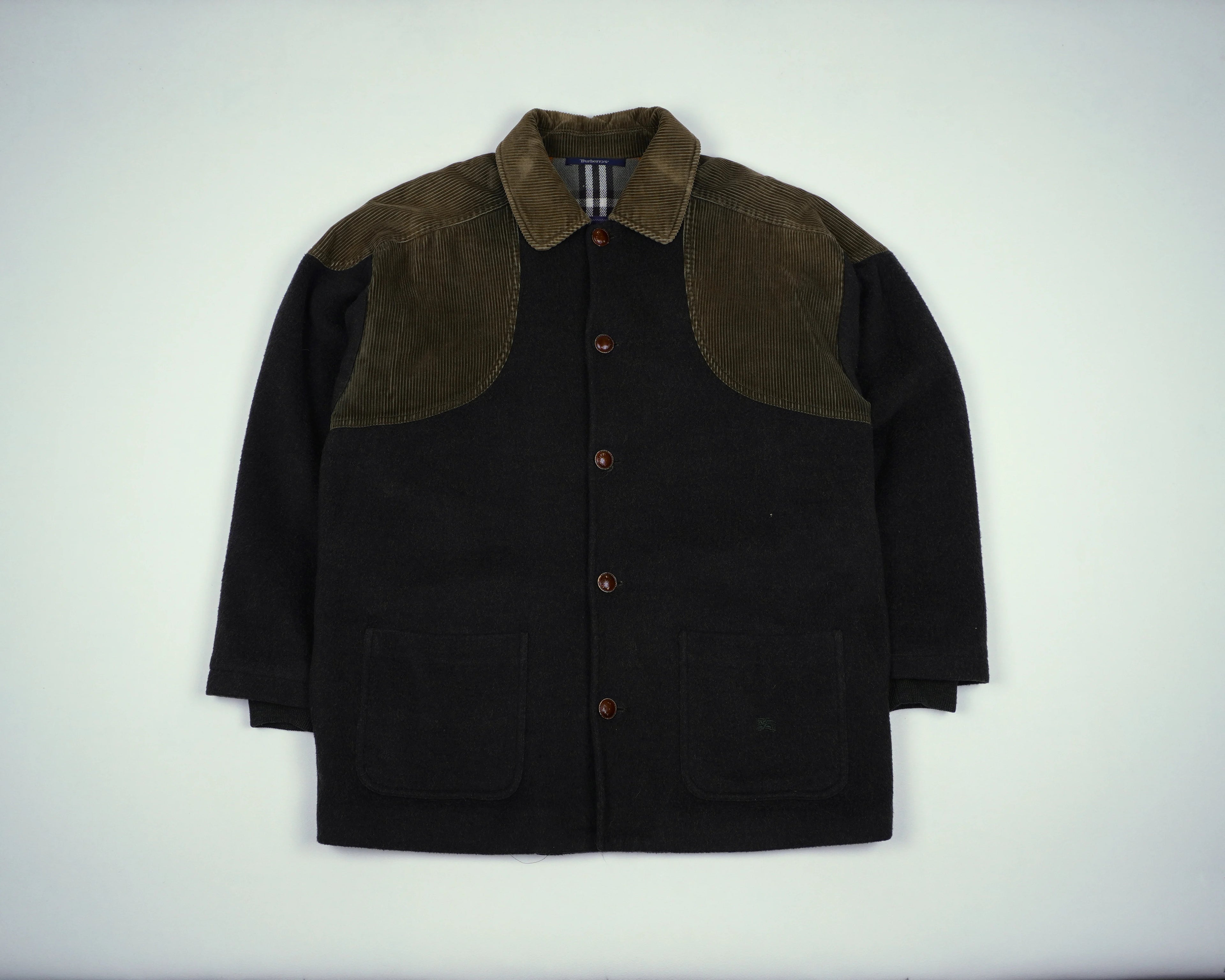 Burberry Green Overcoat S Wool, Corduroy