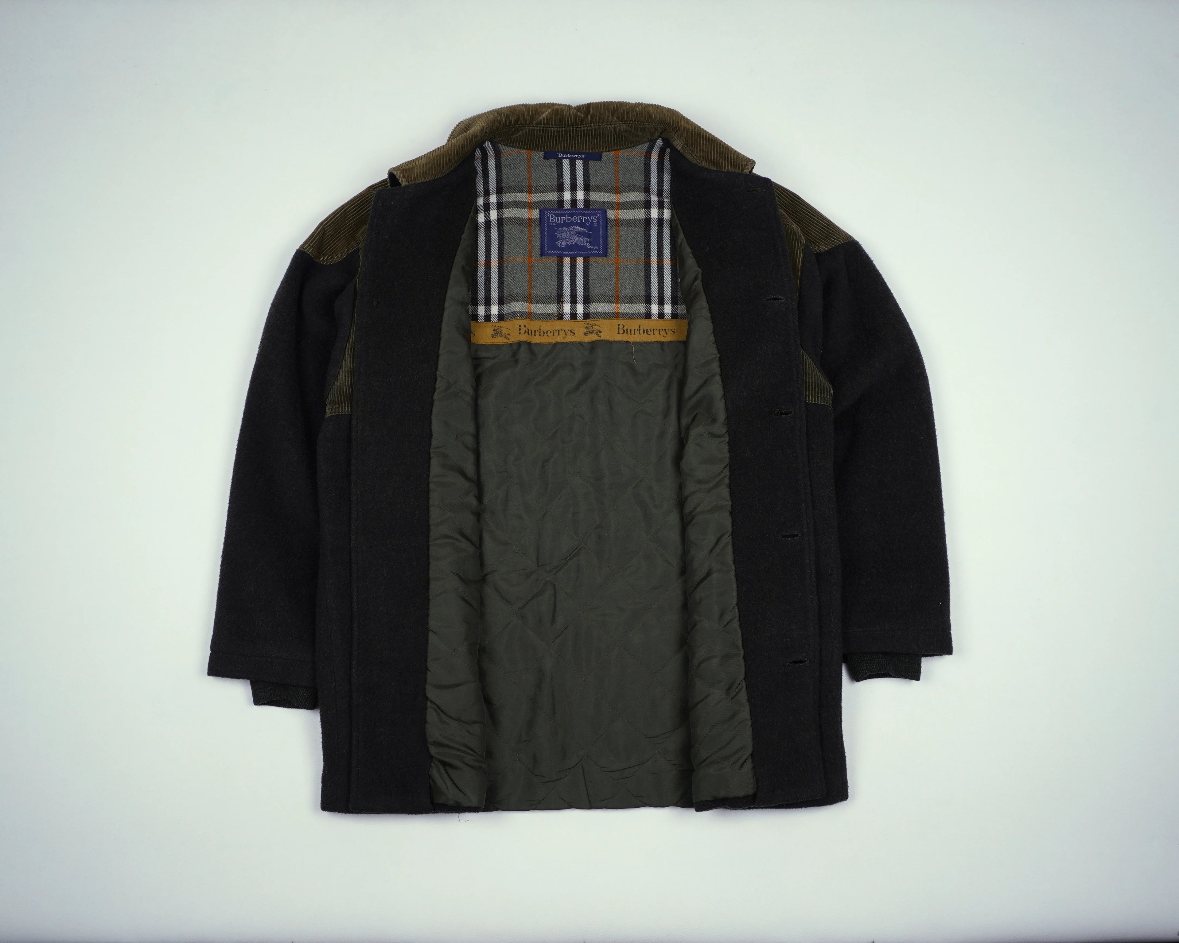 Burberry Green Overcoat S Wool, Corduroy