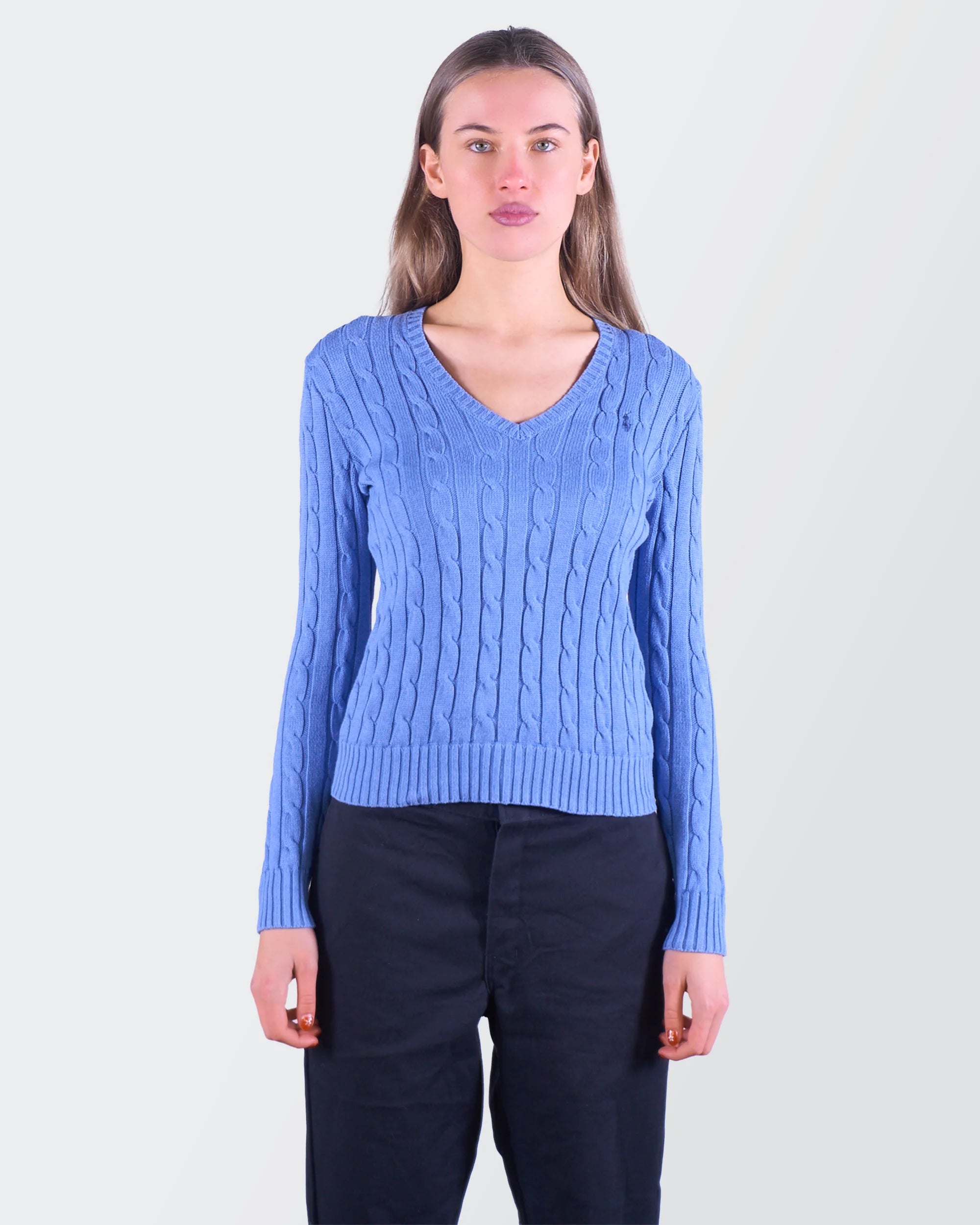 Ralph Lauren blauwe kabelgebreide trui maat S van katoen