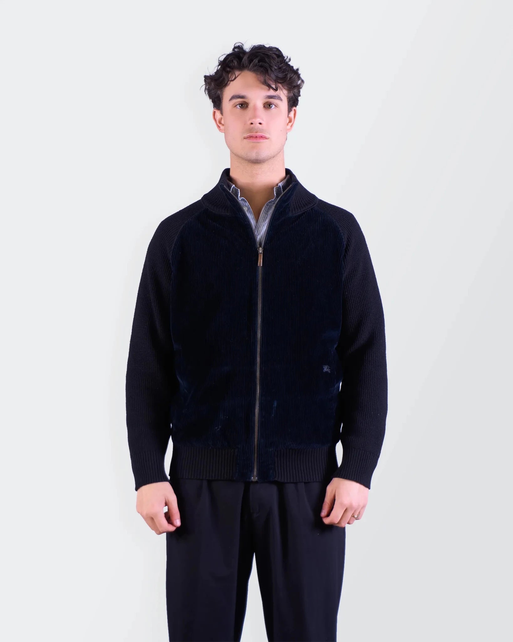 Burberry 2000's Navy Wool/ Corduroy Zip Cardigan - S