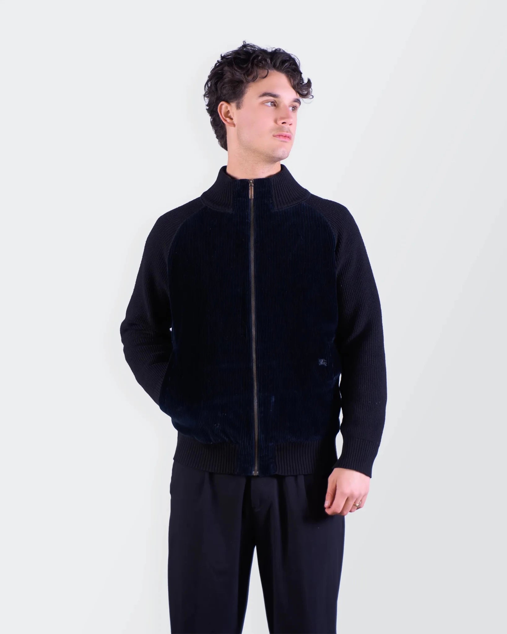 Burberry 2000's Navy Wool/ Corduroy Zip Cardigan - S