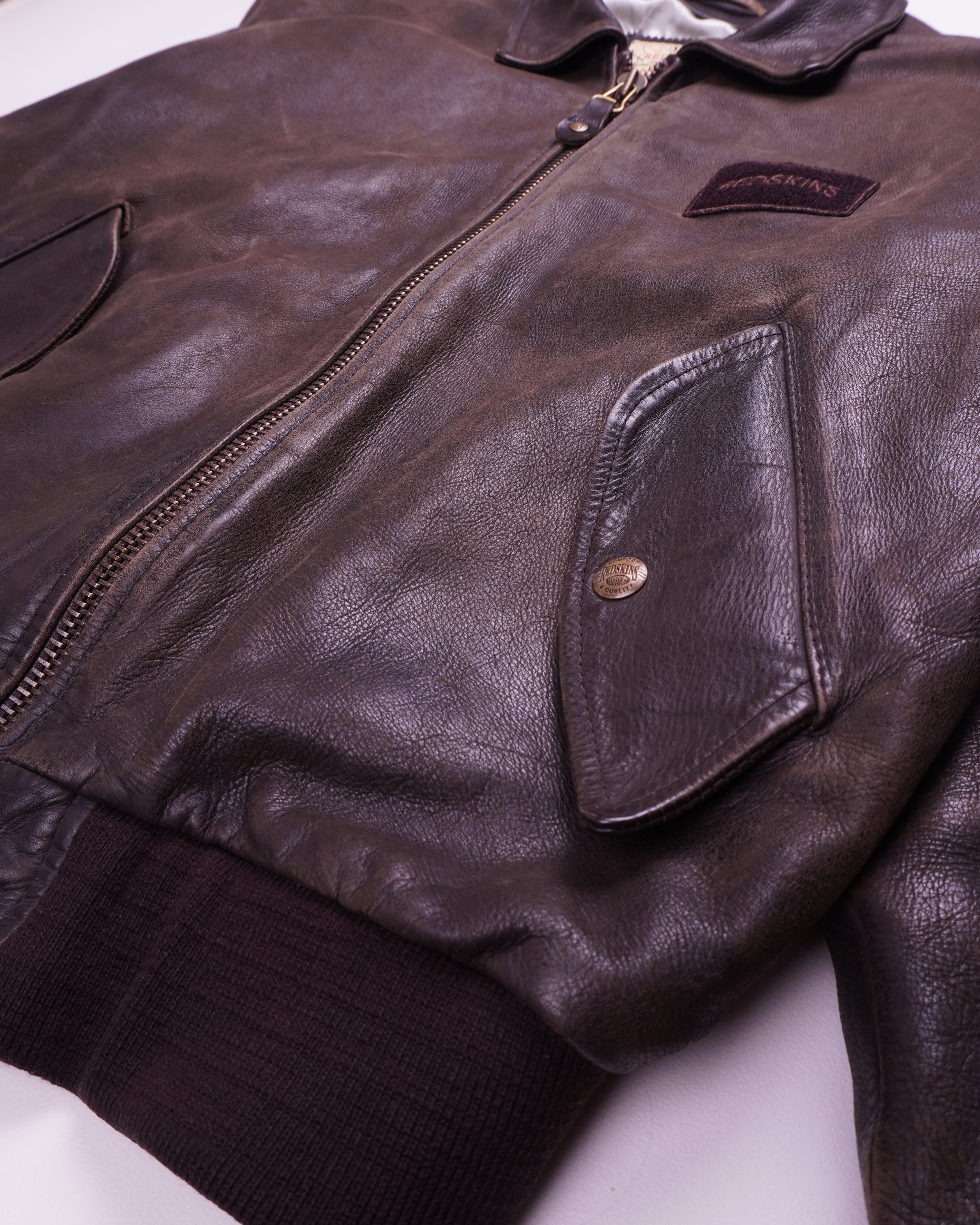 Redskins Brown Leather Bomber Jacket - M