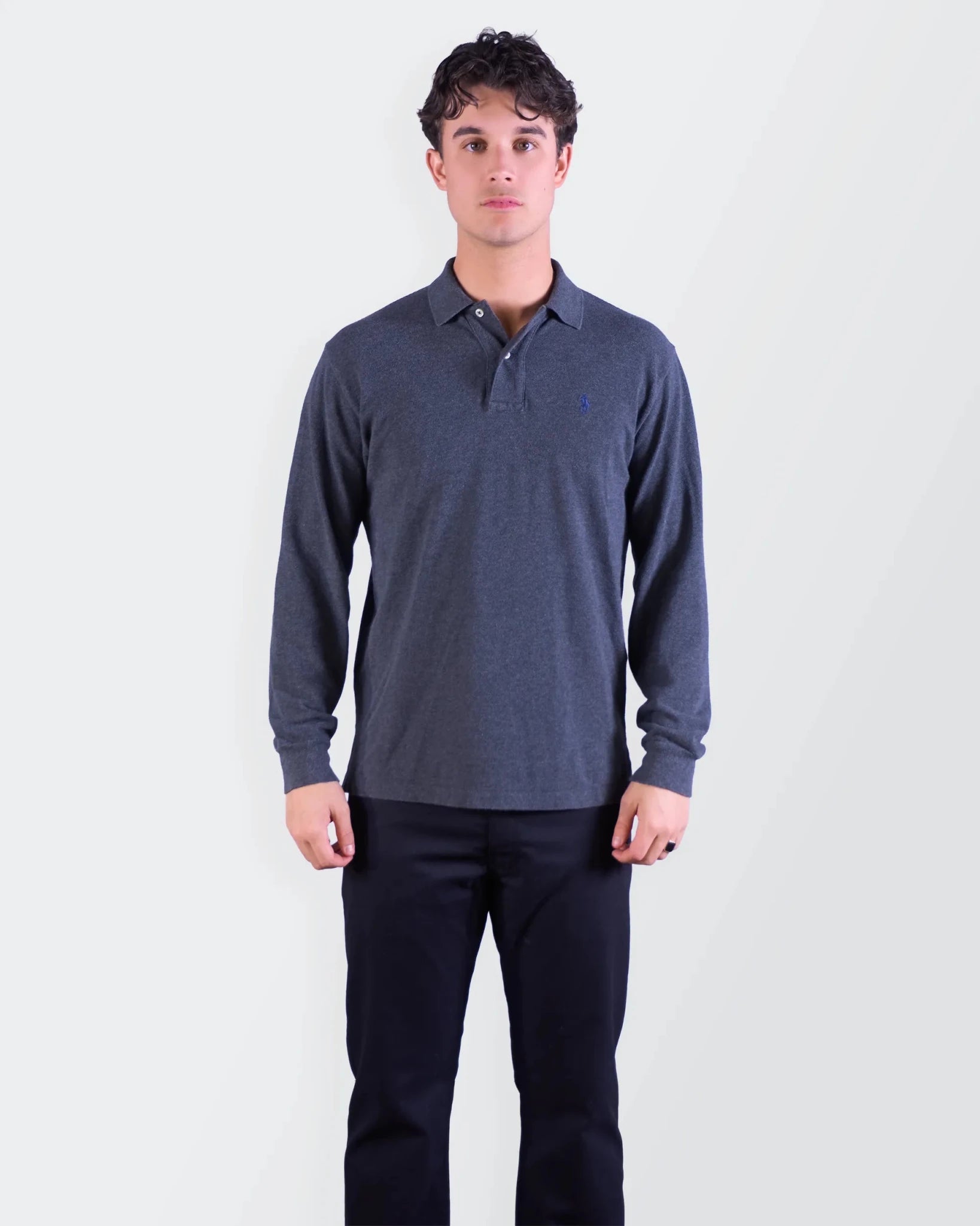 Ralph Lauren Grey Cotton Long Sleeve Polo Shirt - M